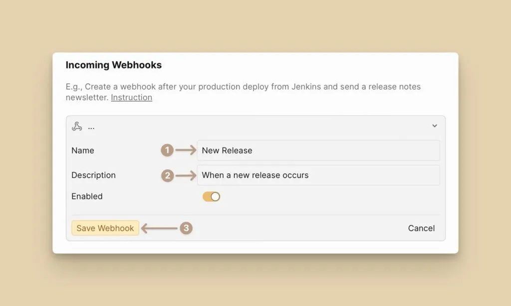 Webhook の名前と説明フォーム