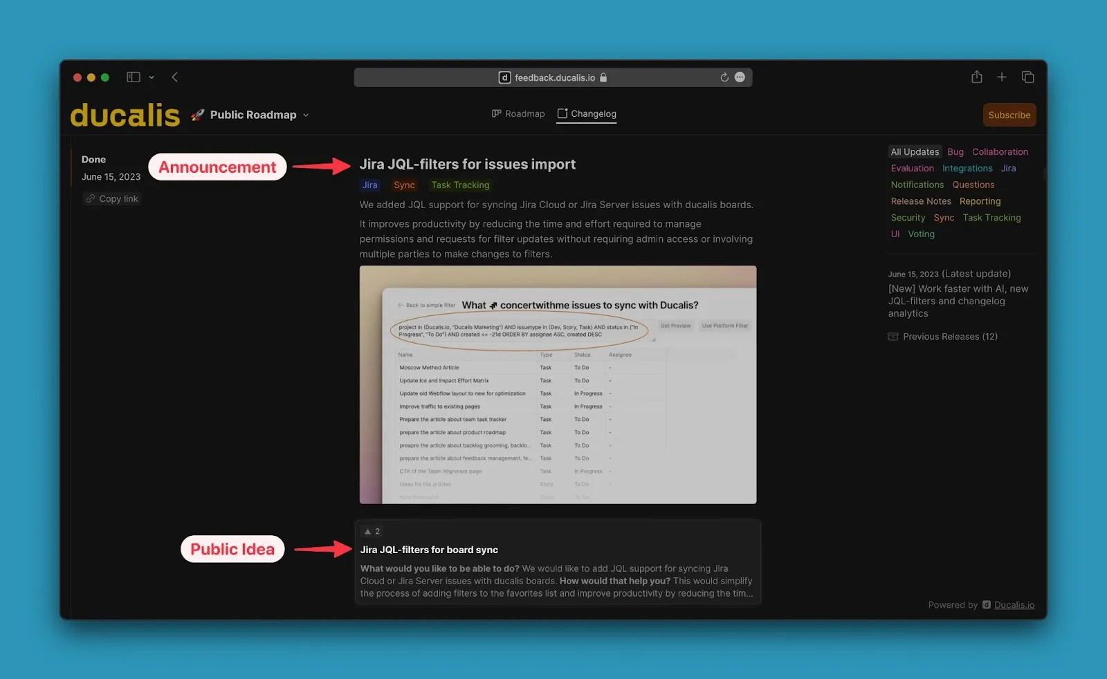 アナウンスの下にリンクされたパブリックアイデア