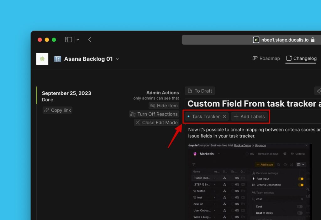 Oberfläche zum Bearbeiten von Labels
