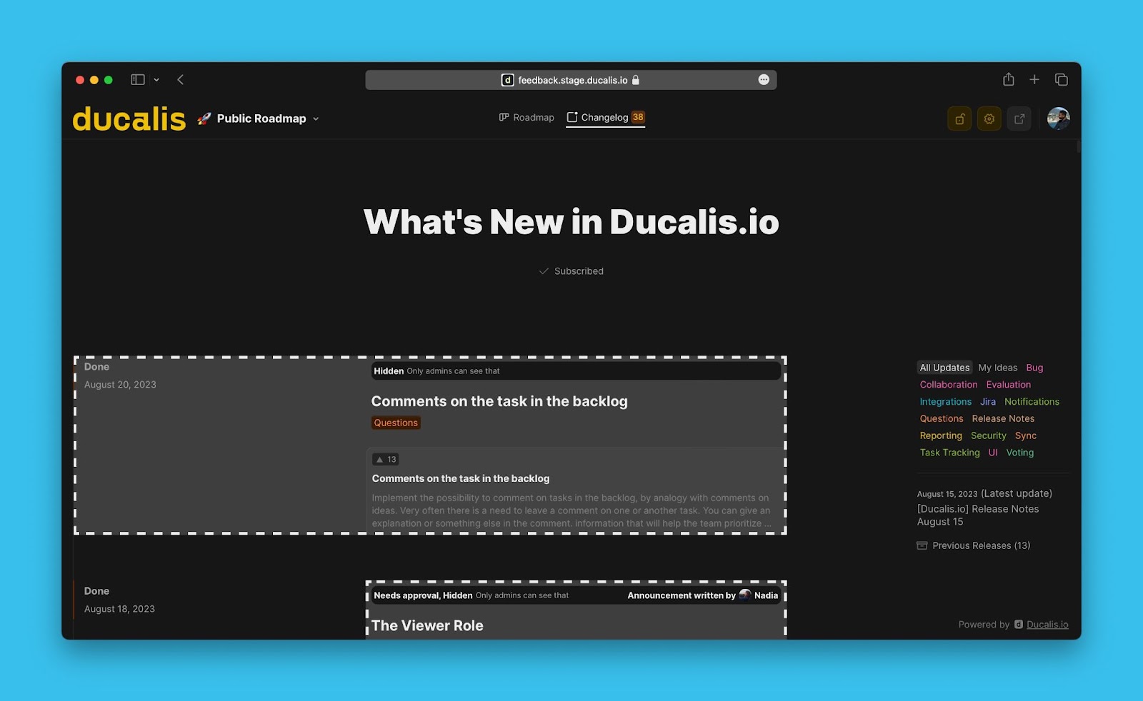Admin-Ansicht des Changelogs mit ausgeblendeten Ankündigungen