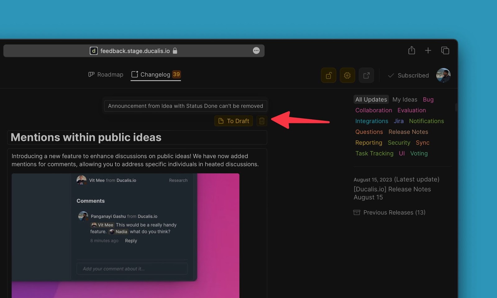 Ankündigung für erledigte Idee kann nicht gelöscht werden
