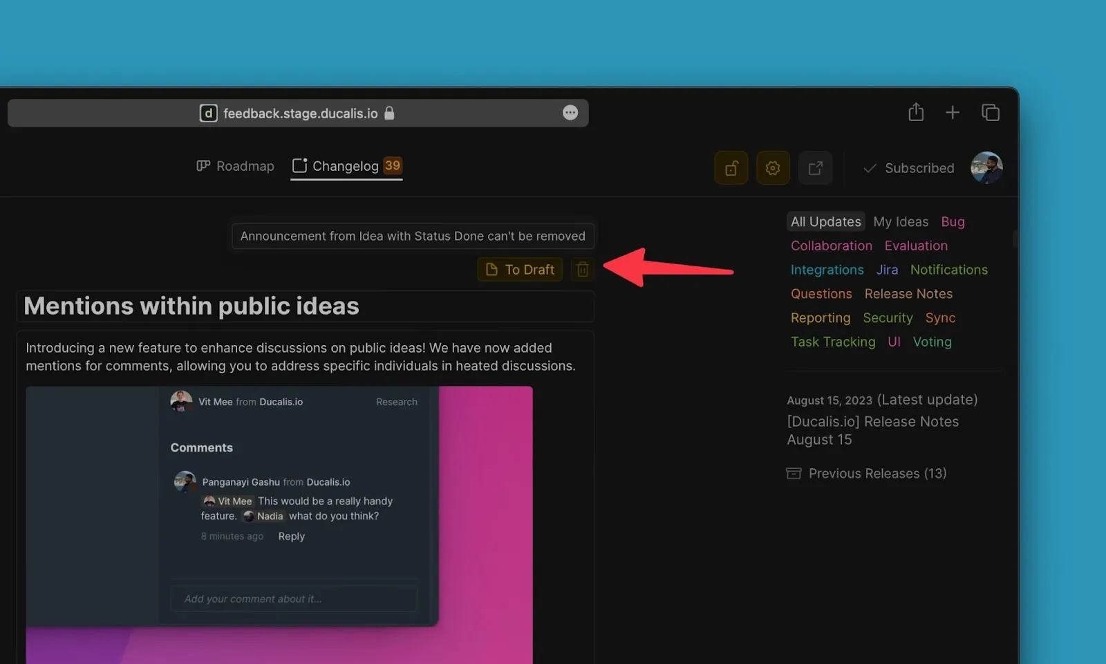 Done アイデアのアナウンスは削除不可