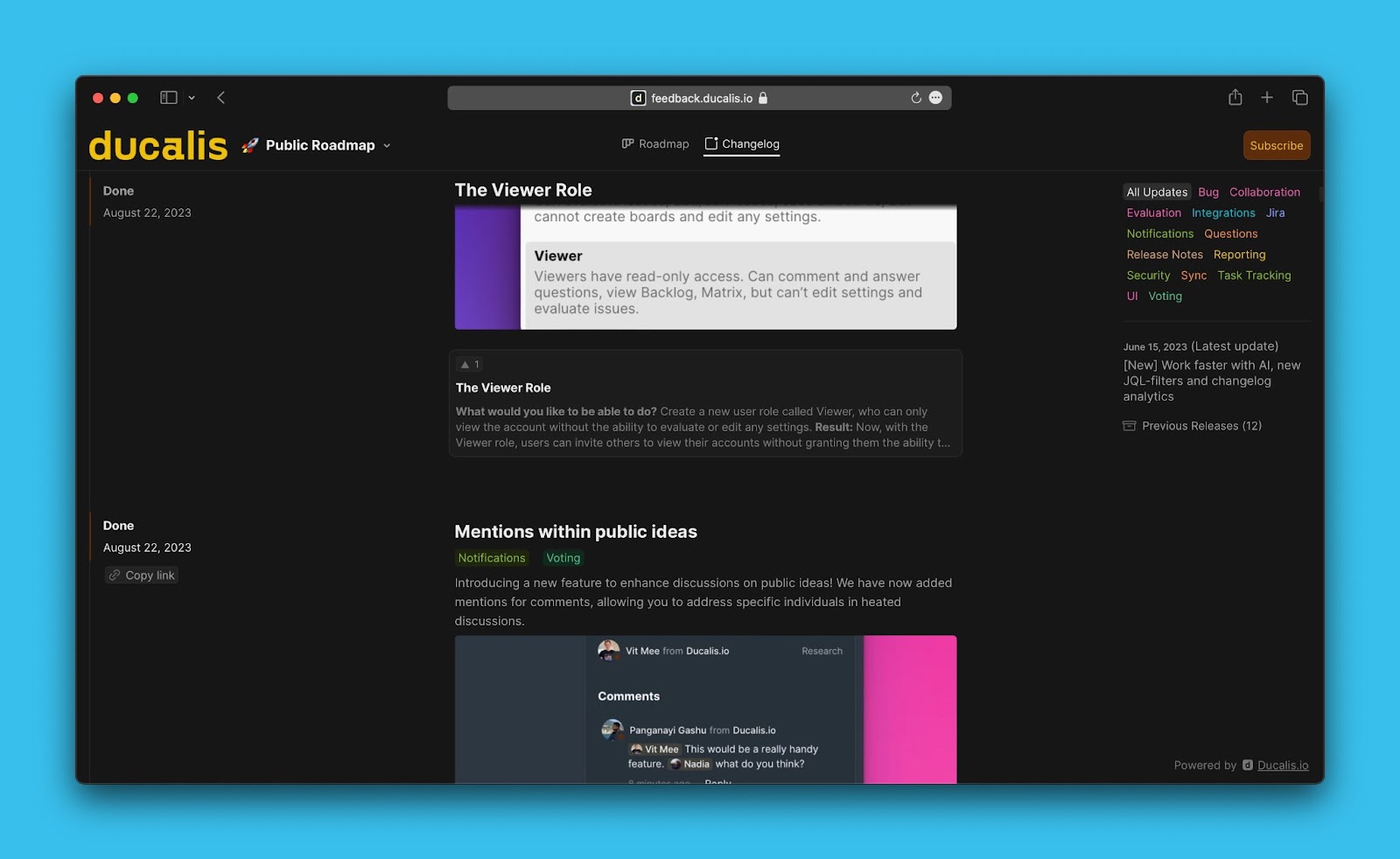 Liste der Ankündigungen auf der Changelog-Seite