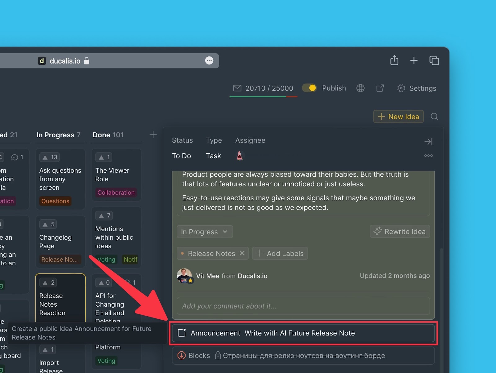 Oberfläche zum Erstellen von Ankündigungen