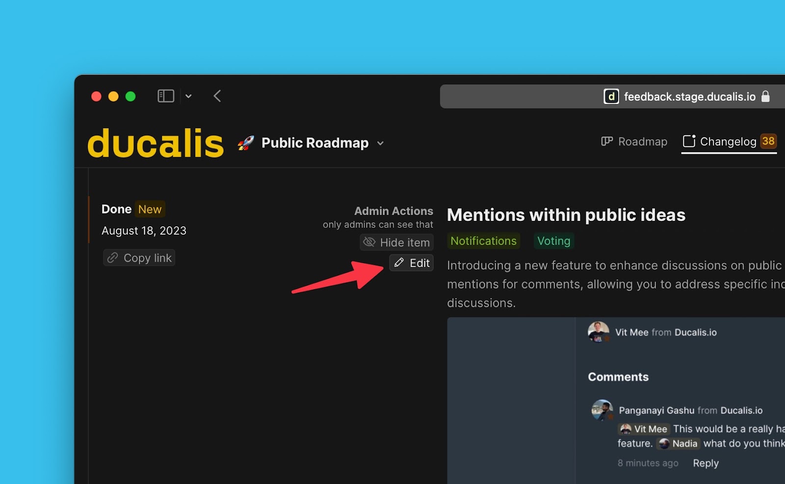 Oberfläche zum Bearbeiten von Ankündigungen