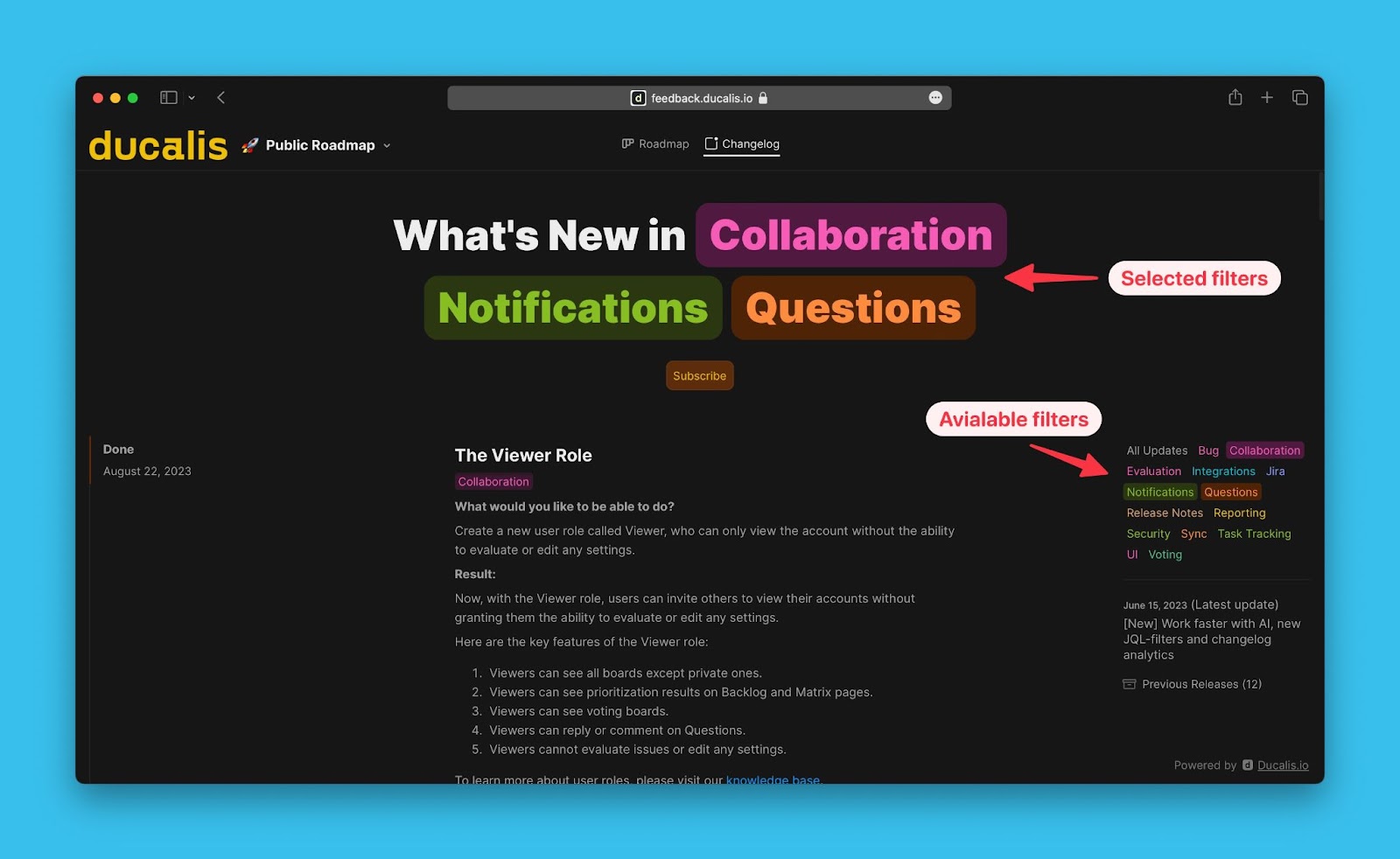 Filter-Panel auf der Changelog-Seite