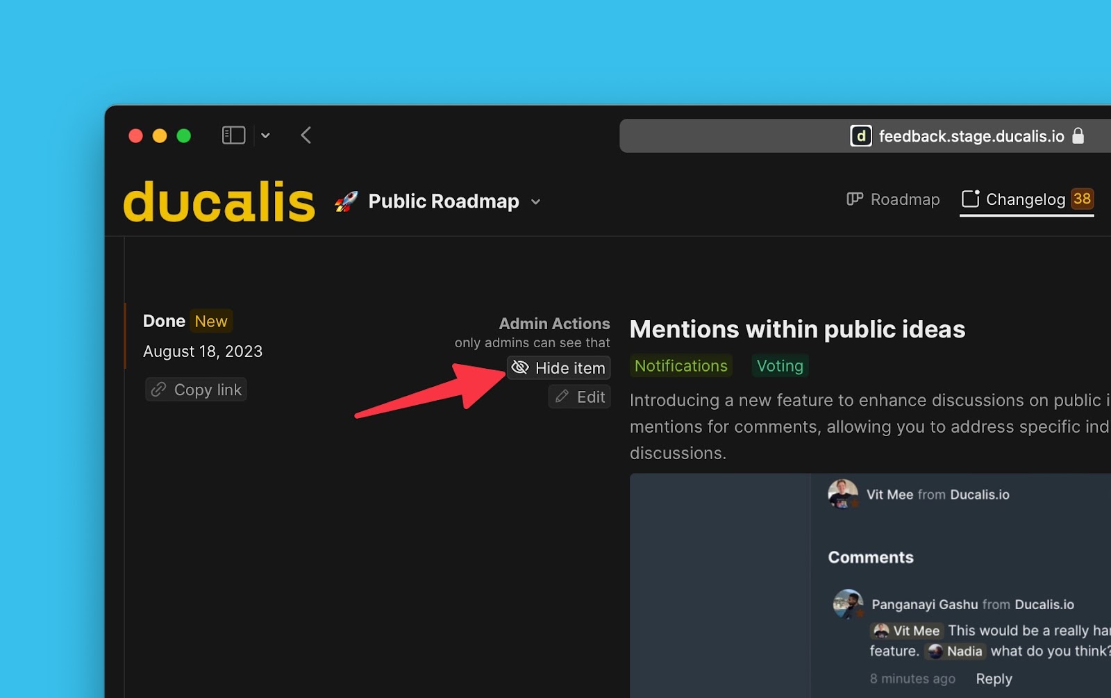 Option zum Ausblenden einer Ankündigung