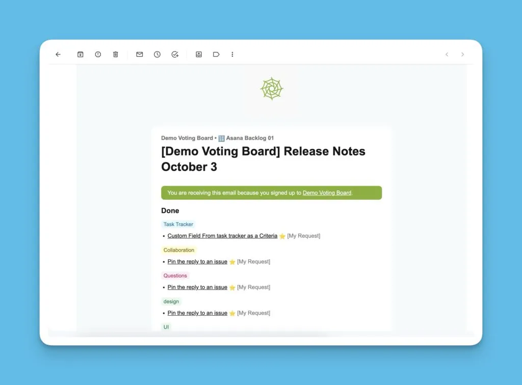 自動リリースノートメールの例