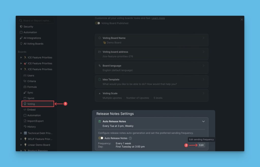 Panel für Häufigkeitseinstellungen