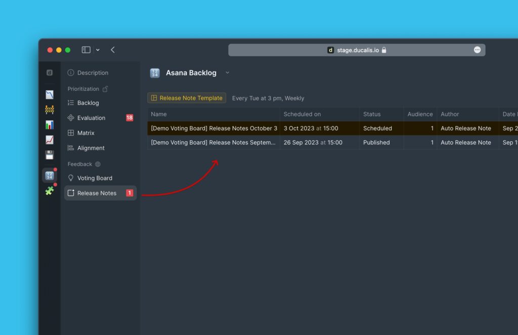 Menüposition der Release Notes