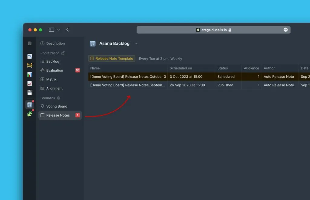 リリースノートのメニュー位置
