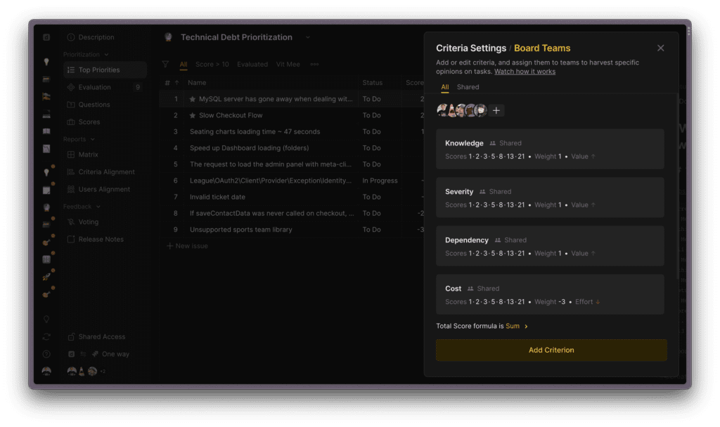 .app Board mit den Kriterien zur Priorisierung technischer Schulden