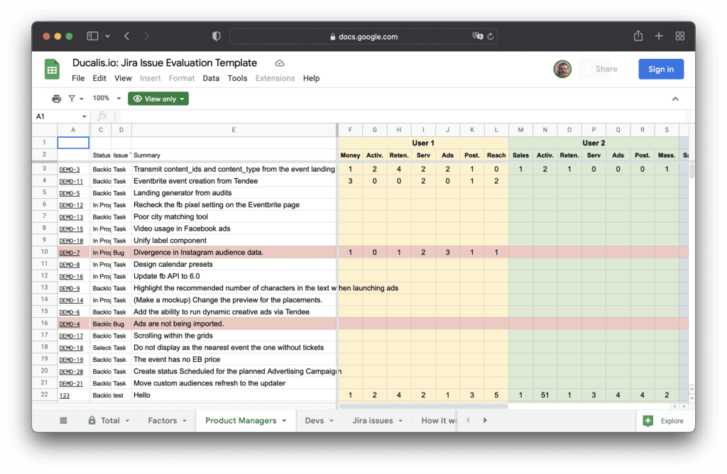 Übersicht der Weighted Decision Matrix Google Sheets Vorlage