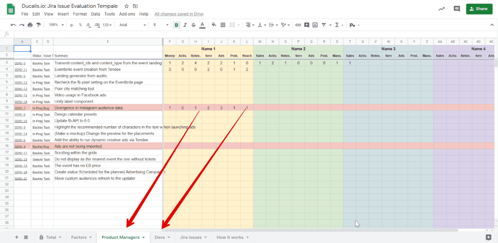 スプレッドシートでチームタブの名前を変更