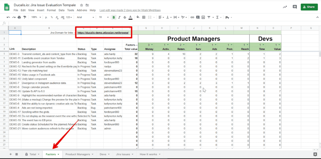 Factors タブに Jira ドメインリンクを追加