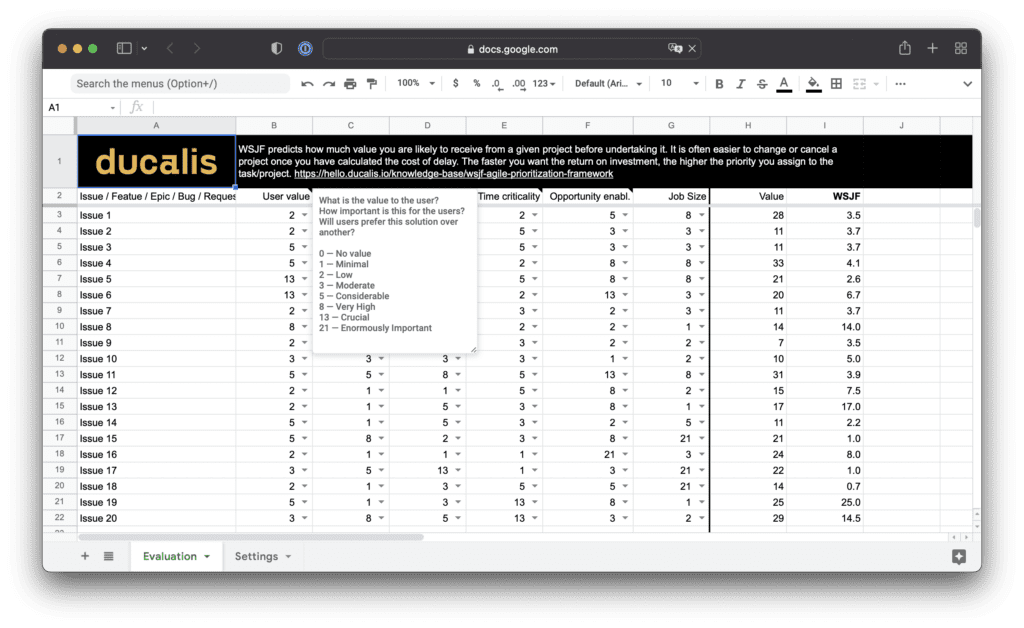 Google Sheets の WSJF 優先順位付けテンプレート