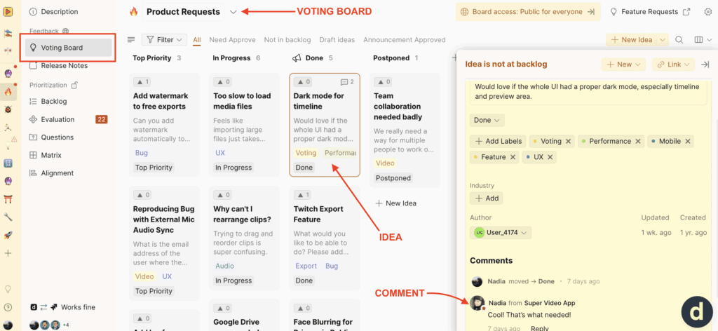 Example of a Voting Board idea with comments