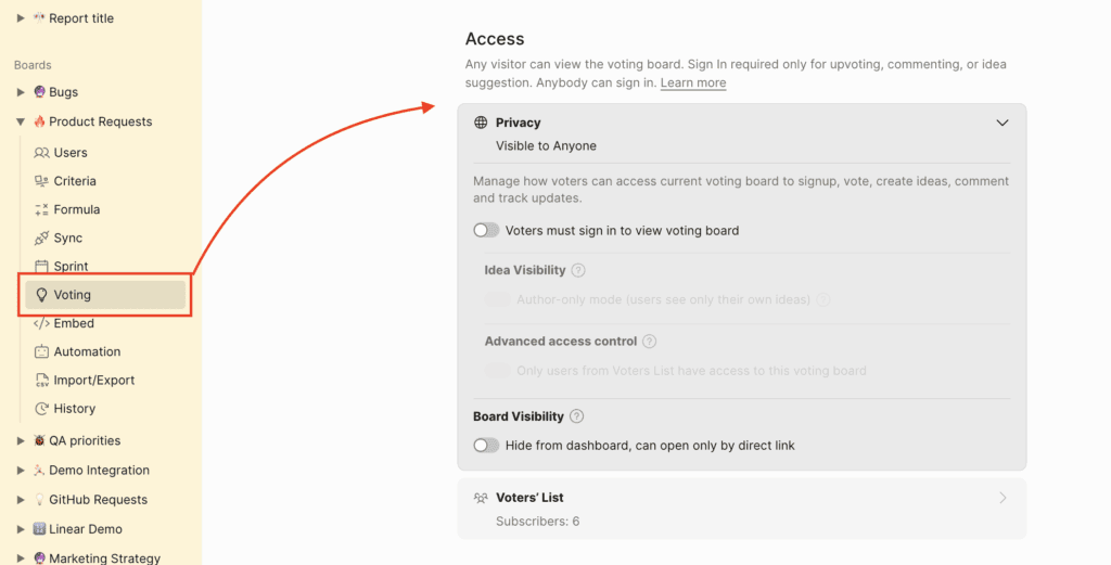 Voting Board privacy settings