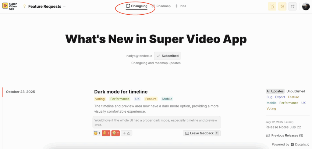 プロダクトアップデートを表示するチェンジログの例