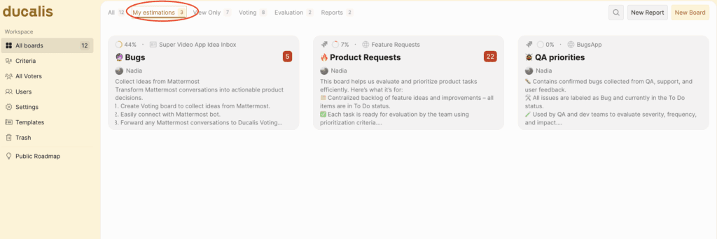 Dashboard with Board filter showing My estimations option