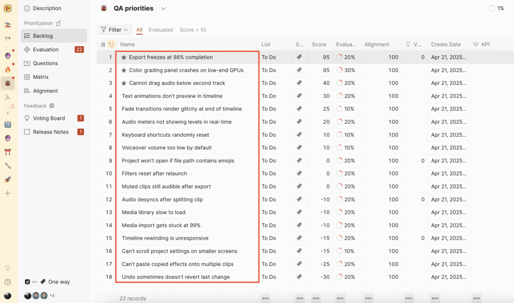 Backlog view showing list of issues