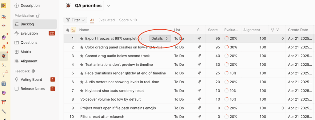 完全な説明を含む課題の詳細ビュー