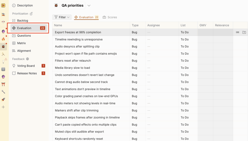 Evaluation tab navigation