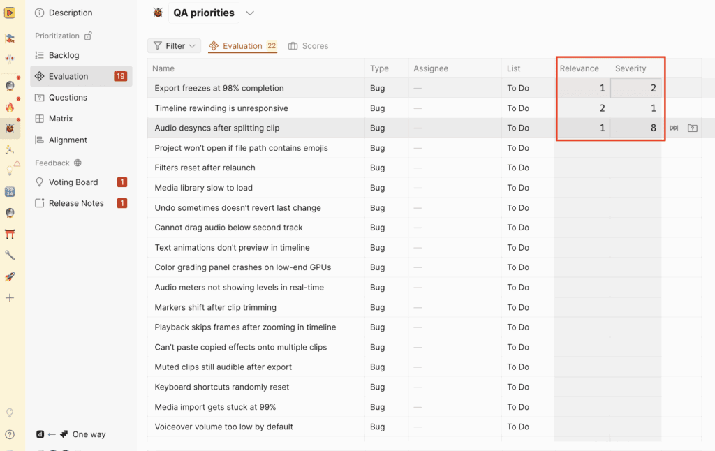 Evaluation view showing criteria columns