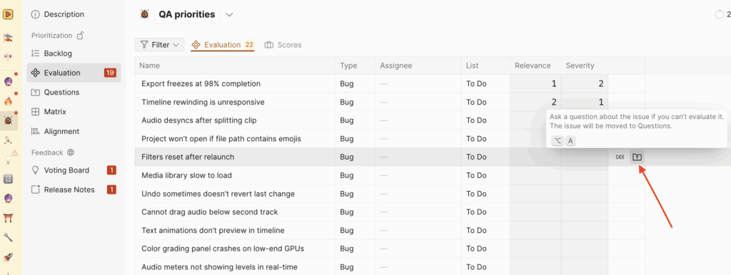 質問アイコンとユーザー選択インターフェース
