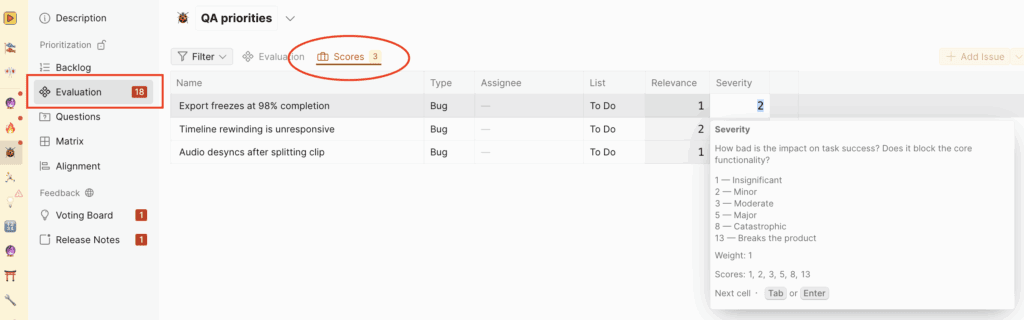 Scores tab showing evaluated issues