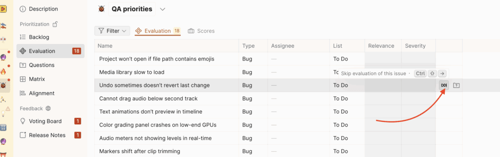 Skip icon to move issue to Scores tab