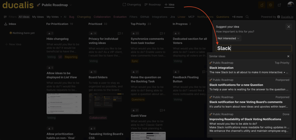 Idea creation form with suggestions