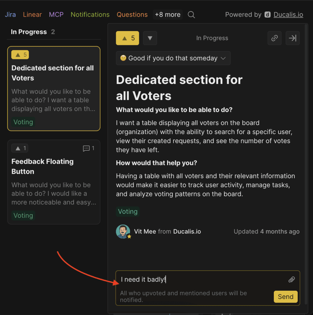 Comment section on an Idea