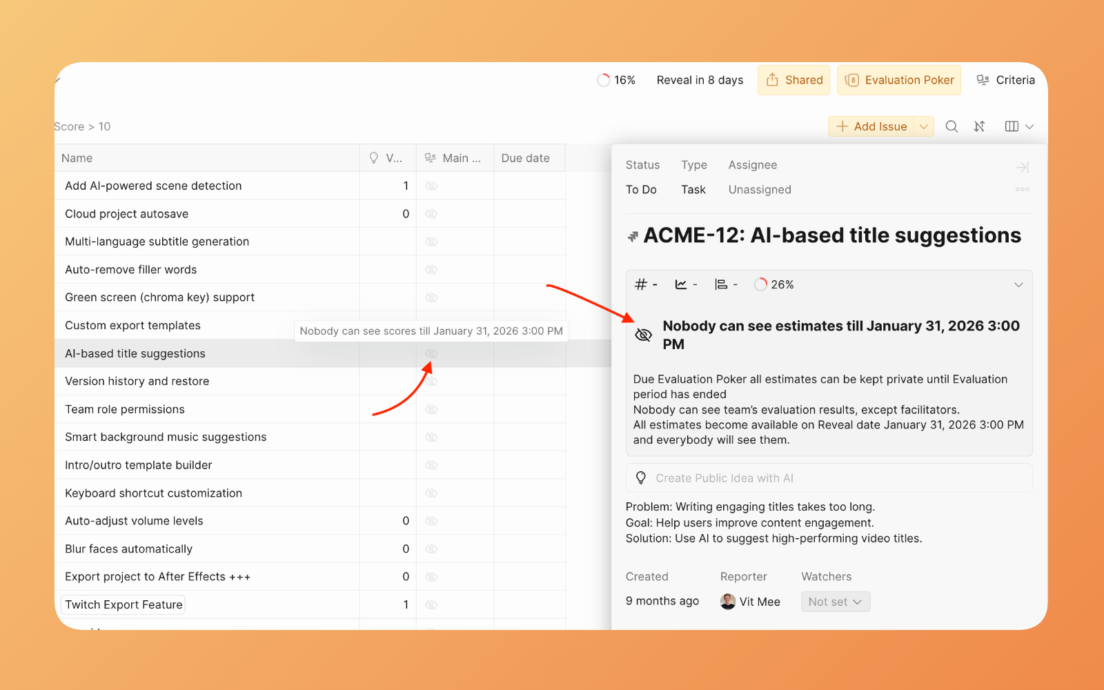 Exemplo de como as pontuações ficam ocultas