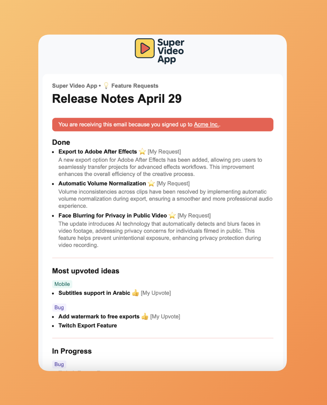 Exemplo de e-mail de notas de versão
