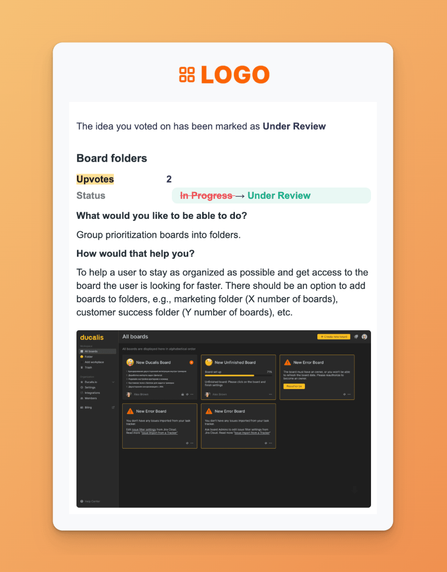 Exemplo de e-mail de atualização de status
