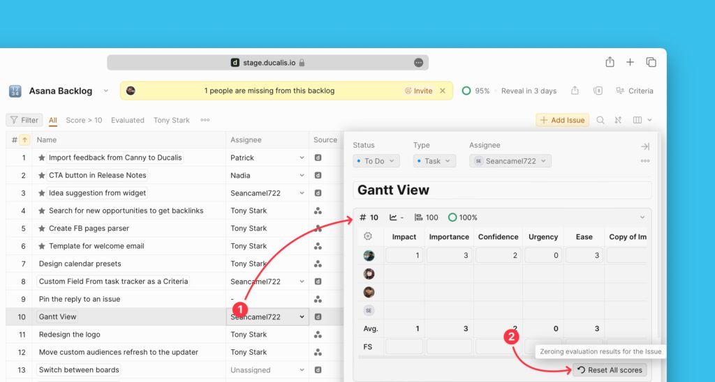 Button zum Zurücksetzen aller Bewertungen im Neubewertungs-Block der Vorgang-Karte
