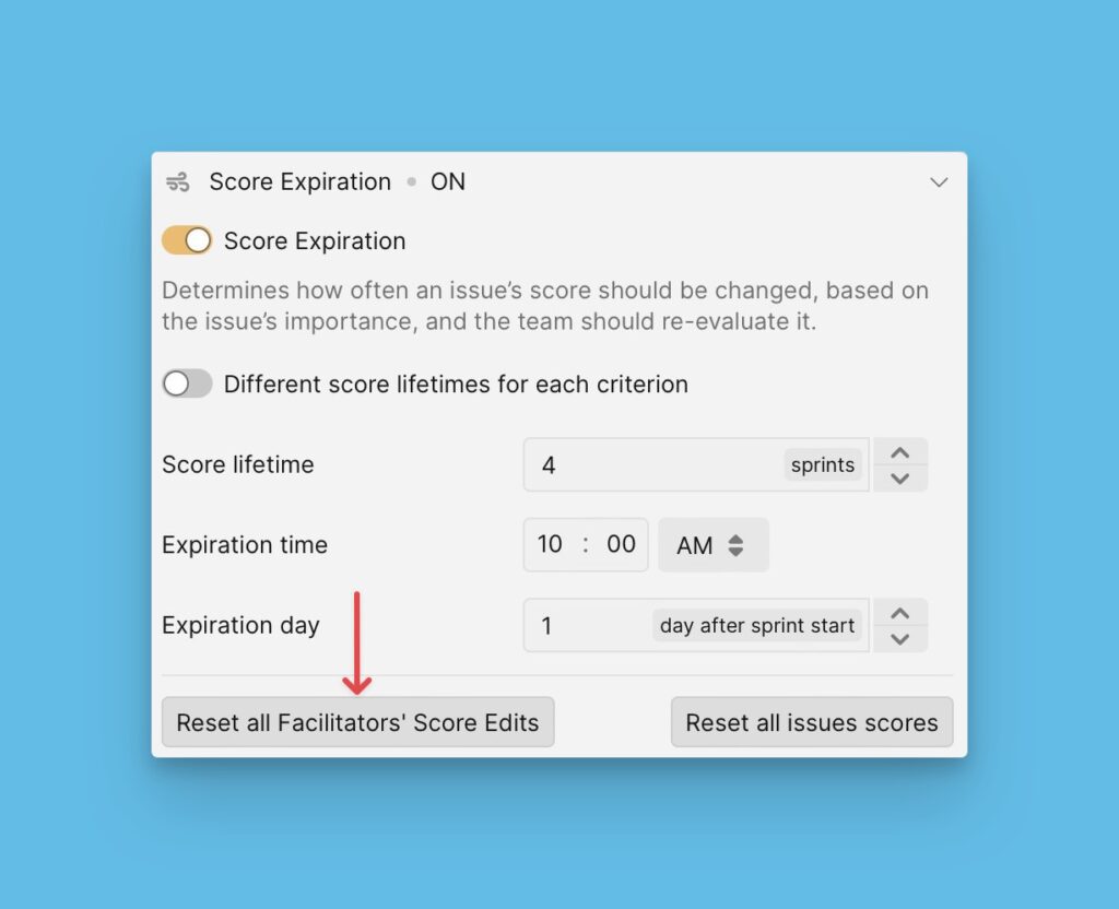 Option zum Zurücksetzen der Facilitator-Bewertungen