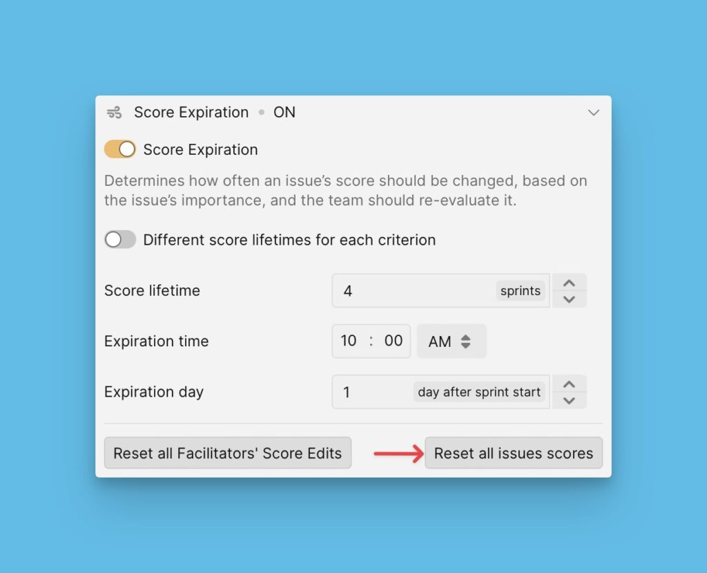 Reset all issues' scores button in score expiration settings