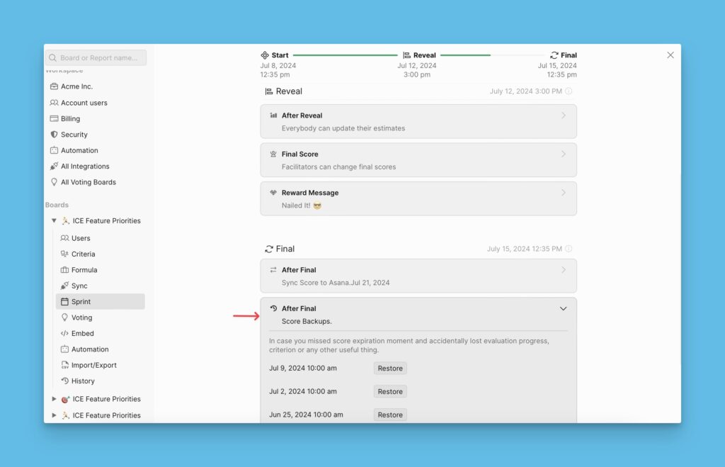Wiederherstellungsoberfläche für Score-Backups