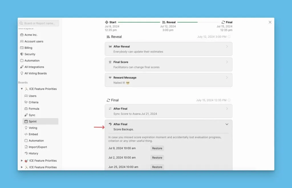 Score backups restoration interface