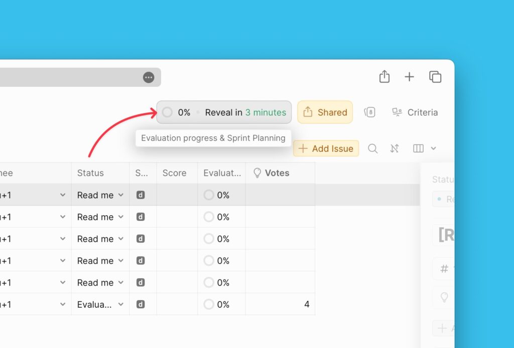 Position der Einstellungen für Bewertungsfortschritt und Sprint-Planung