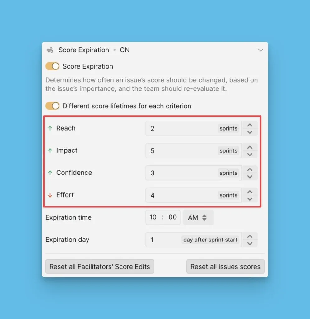Individual criterion score lifetime settings