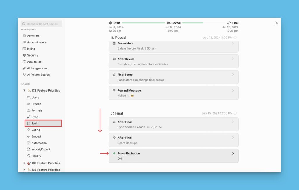 Final-Abschnitt in den Sprint-Planungseinstellungen