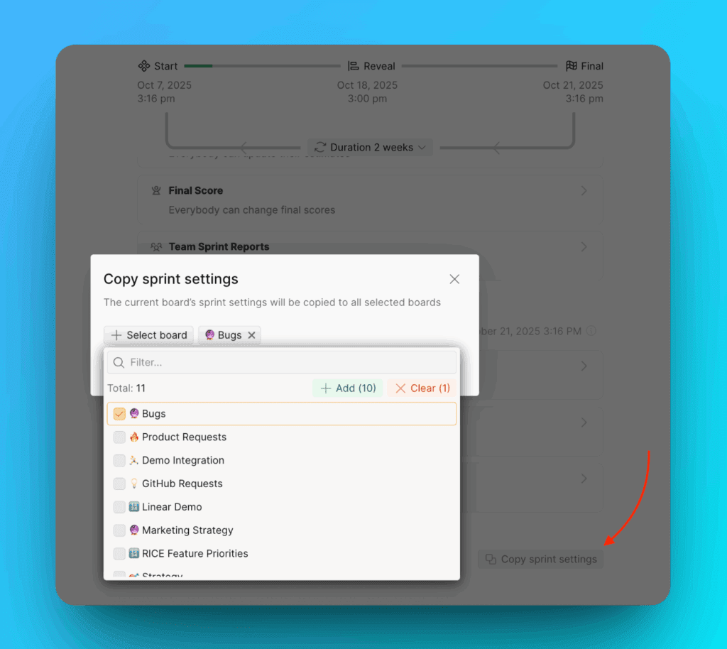 Board-Auswahl für Sprint-Einstellungen kopieren