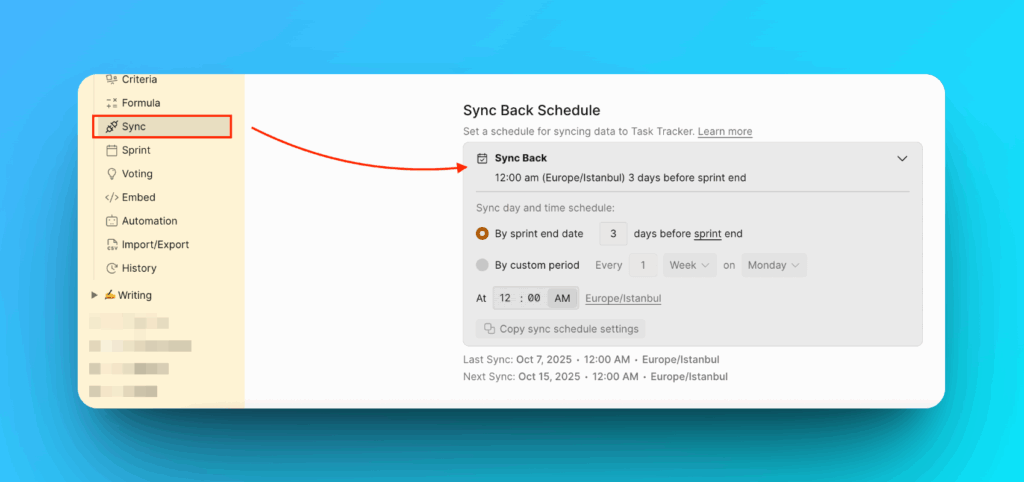 Sync Back-Zeitplan-Optionen