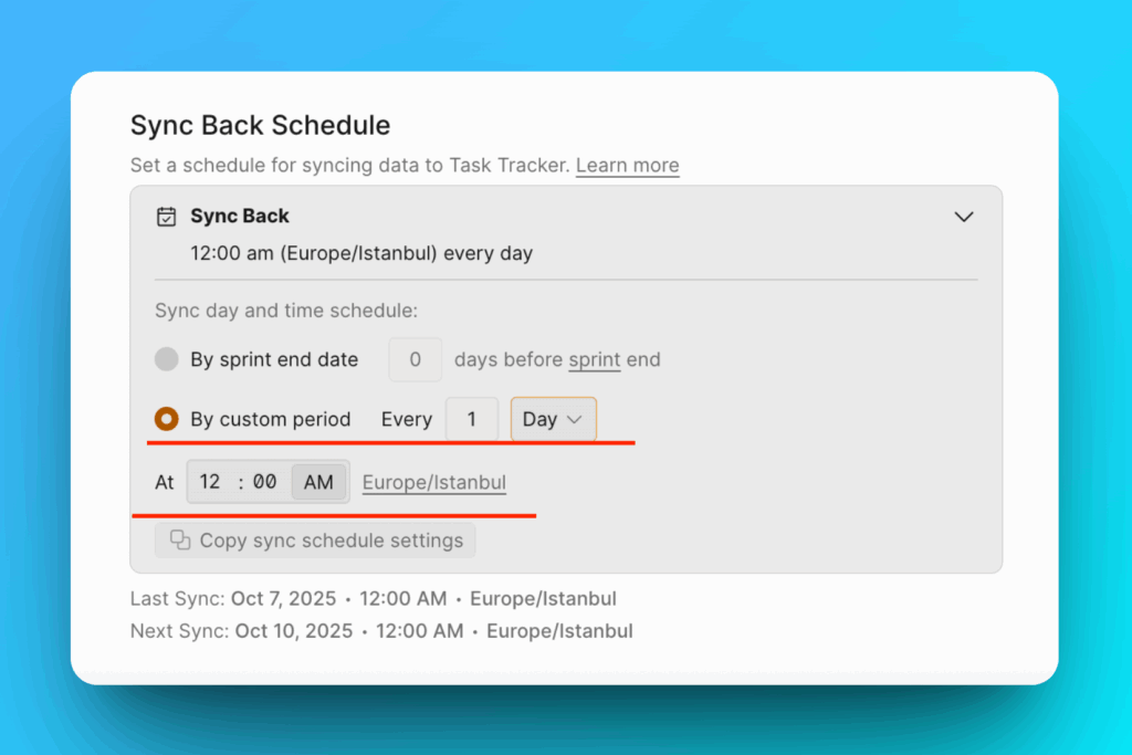 Sync Back-Einstellungen für benutzerdefinierten Zeitraum