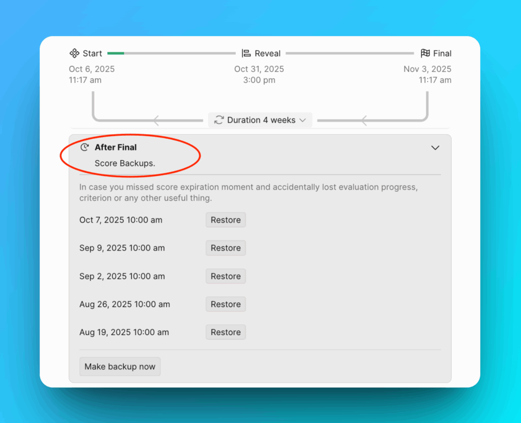 Score backups list for one-time sprint