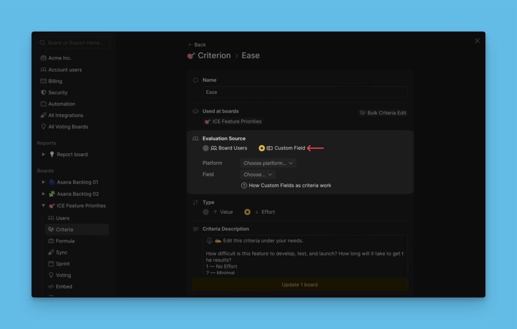 Custom fields configuration interface