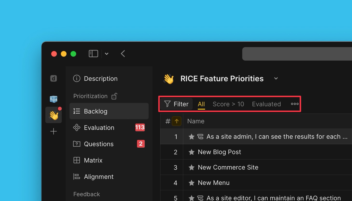 Filter interface showing saved filter options